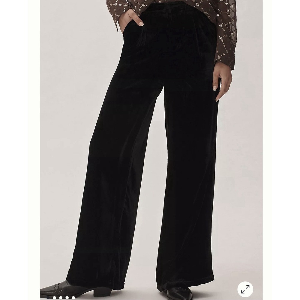 Anthropologie Women Small Black Crushed Velvet Wide Leg Trouser Pants